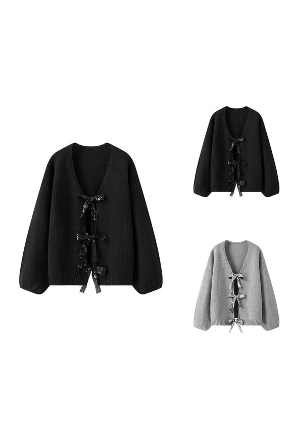 Sparkly Bow Tie Loose Knit Cardigan Sweater For Women Shimmering Sequin Design Cozy Oversized Outerwear For Casual Wear Cardigan Sweaters for Women