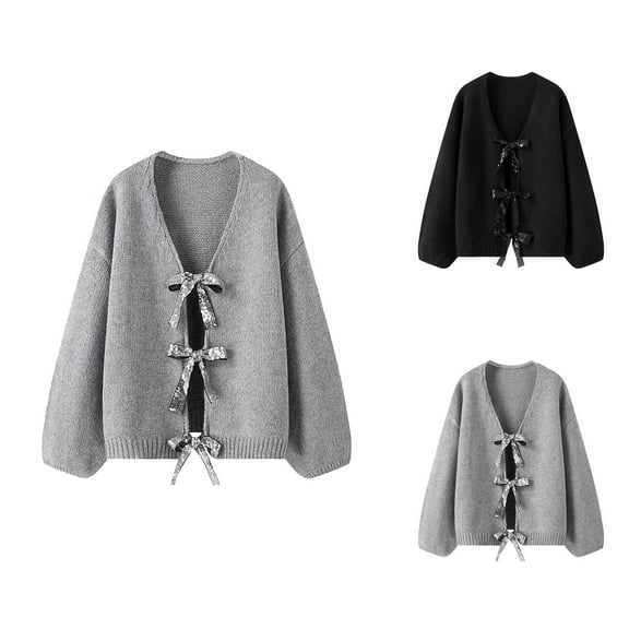 Sparkly Bow Tie Loose Knit Cardigan Sweater For Women Shimmering Sequin Design Cozy Oversized Outerwear For Casual Wear Cardigan Sweaters for Women