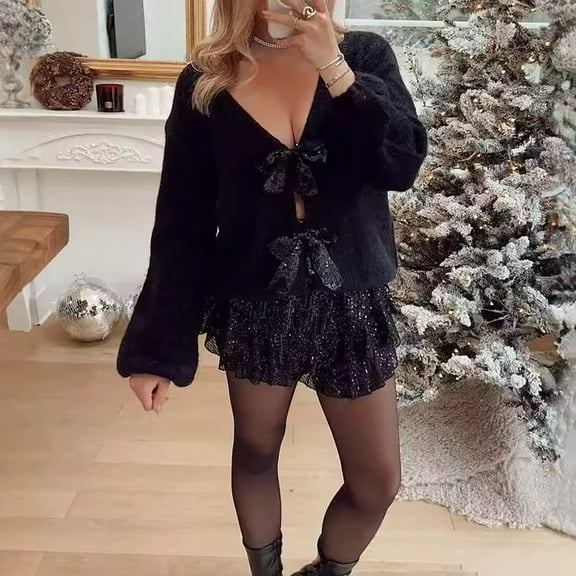 Sparkly Bow Tie Loose Knit Cardigan Sweater For Women Shimmering Sequin Design Cozy Oversized Outerwear For Casual Wear Front Open Cardigan Women Ladies Summer Cardigans Button down Sweaters with