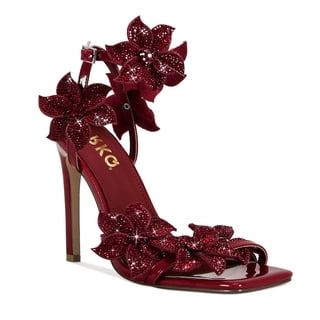 Sparkly Burgundy Flower Rhinestone Stiletto Heels Sandals For Women Elegant Patent Leather Ankle Strap Square Toe Sexy Cute Prom Wedding Party Dress Daily Wear Shoes For Girl