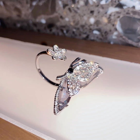 Sparkly Butterfly Ring Sliver Bling Rhinestone Knuckle Rings Adjustable Ring Jewelry for Women (A)
