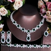 GWENDOGO Sparkly CZ Leaf Drop Necklace Earrings Bracelet Ring White Gold Jewellery Set