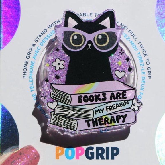 Sparkly Cat Grip: Books Are My Therapy Resin Phone Grip