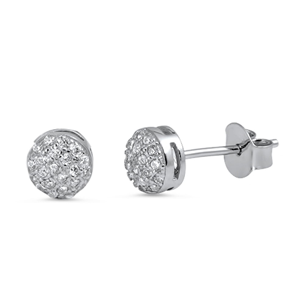Sparkly Circle Tiny Studded Disco Ball Clear CZ .925 Sterling Silver Earrings Jewelry Female
