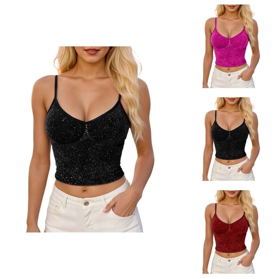 Sparkly Crop Camisole Tops for Women V Neck Spaghetti Strap Glitter Silk Cami Tank Tops Rave Party Clubwear