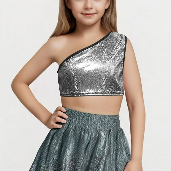 Sparkly Cropped Tank Tops for Girls Trendy One Shoulder Sleeveless Camisoles Size 3-16 Junior Teens Pullover Solid Shiny Performance Vests