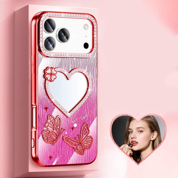 Sparkly Diamond Phone Case For iPhone 15 Pro Max with Heart Mirror, Butterfly Pattern Bling Rhinestone Crystal Protective Case for Women, Luxury Aesthetic Shiny Glitter Shockproof Cover, Red