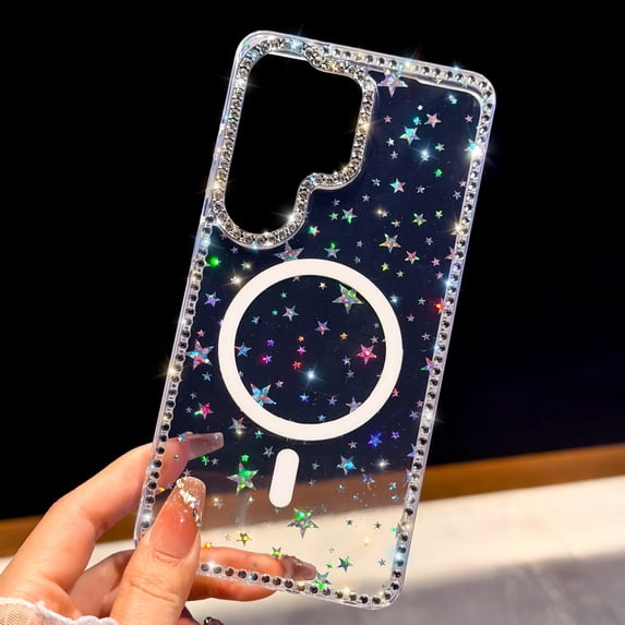 Sparkly Diamond Rhinestone Clear Glitter Case for Samsung Galaxy S24+, Compatible with MagSafe, Cute Bling Magnetic Anti-Scratch Shockproof Slim Fit Case for Women Girls, D