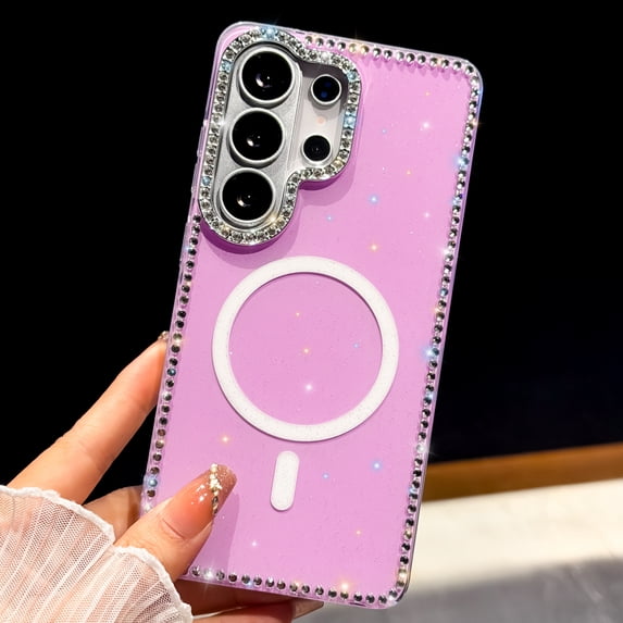Sparkly Diamond Rhinestone Clear Glitter Case for Samsung Galaxy S24+, Compatible with MagSafe, Cute Bling Magnetic Anti-Scratch Shockproof Slim Fit Case for Women Girls, F