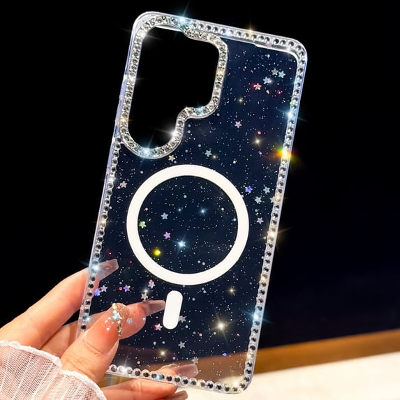 Sparkly Diamond Rhinestone Clear Glitter Case for Samsung Galaxy S24+, Compatible with MagSafe, Cute Bling Magnetic Anti-Scratch Shockproof Slim Fit Case for Women Girls, A