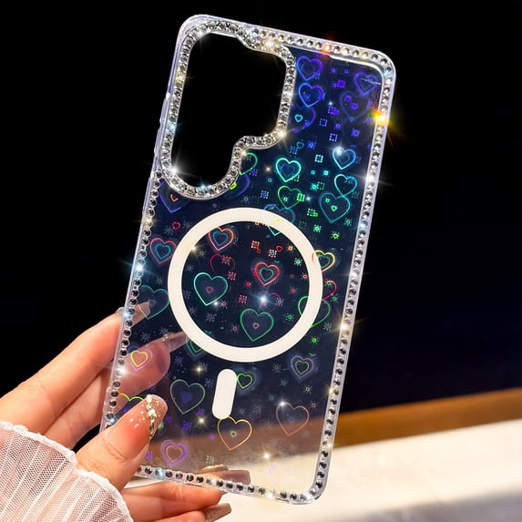 Sparkly Diamond Rhinestone Clear Glitter Case for Samsung Galaxy S24 FE, Compatible with MagSafe, Cute Bling Magnetic Anti-Scratch Shockproof Slim Fit Case for Women Girls, C