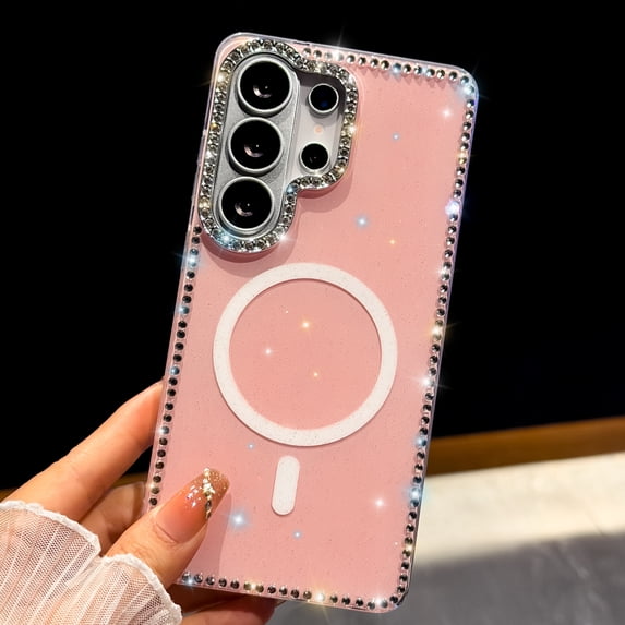 Sparkly Diamond Rhinestone Clear Glitter Case for Samsung Galaxy S24 FE, Compatible with MagSafe, Cute Bling Magnetic Anti-Scratch Shockproof Slim Fit Case for Women Girls, E