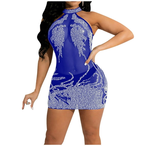 Sparkly Dresses for Women Party Club Night Sheer Mesh Halter Neck Dress Glitter Stretchy Body Con Tight Dress Blue L