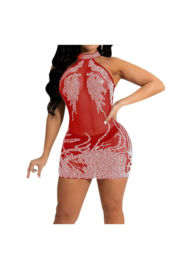 Sparkly Dresses for Women Party Club Night Sheer Mesh Halter Neck Dress Glitter Stretchy Body Con Tight Dress Red M