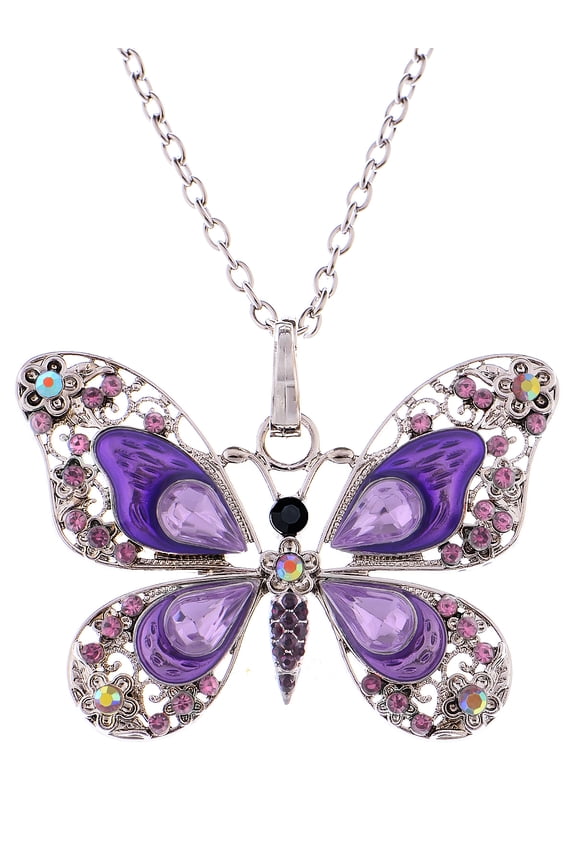 Sparkly Enamel Painted Crystal Rhinestone Butterfly Pendant Necklace,Purple