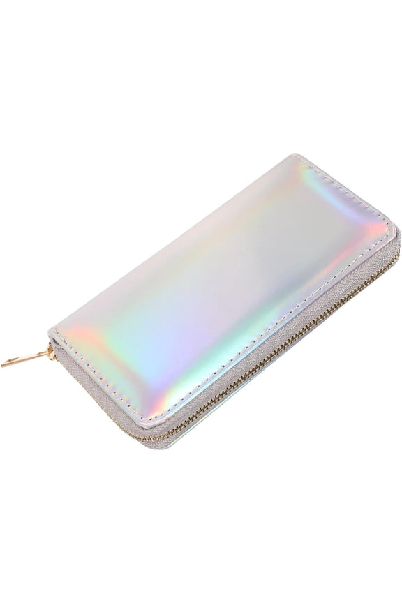 Sparkly Evening Purses for Women, Silver Cluth Purse, PU Leather Long Holographic Wallet with Zipper Coin Pocket and Card Holder, Slim Envelope Cluth Bag for Parties, Daily Use