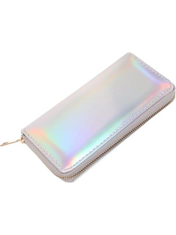 Sparkly Evening Purses for Women, Silver Cluth Purse, PU Leather Long Holographic Wallet with Zipper Coin Pocket and Card Holder, Slim Envelope Cluth Bag for Parties, Daily Use