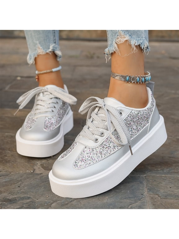 Sparkly Floral Platform Casual Shoes For Women, Lace Up Thick Sole Sneakers, Spring All-Match Daily Walking Footwear White 37