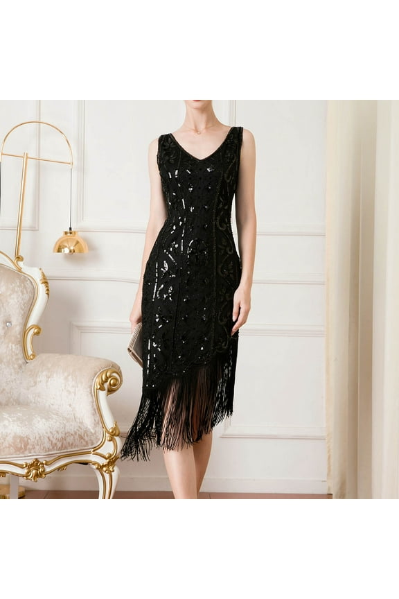 Sparkly Fringe Dress Womens Great Gatsby V Neck Sequin Beaded Roaring Cocktail Party 1920s Mid Long Flapper Dress (Medium, Black)