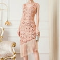 thumbnail image 1 of Sparkly Fringe Dress Womens Great Gatsby V Neck Sequin Beaded Roaring Cocktail Party 1920s Mid Long Flapper Dress (X-Large, Pink), 1 of 5
