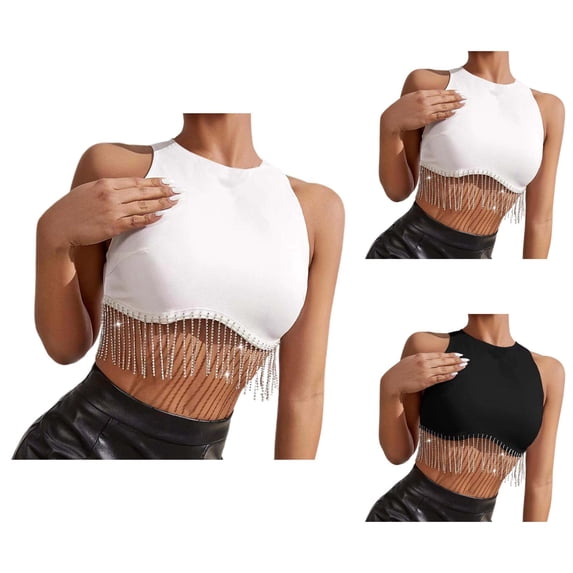 Sparkly Fringe Rhinestone Tops for Women Glitter Tassel Sleeveless Raceback Crop Tank Tops