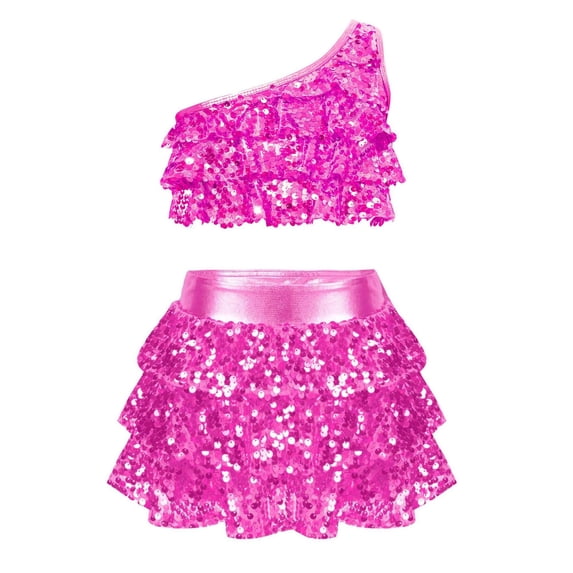 Sparkly Girls Sequin Two Piece Set One Shoulder Crop Top and Layered Skirt Hot Pink for Dance Birthday Party,Size 3-4T