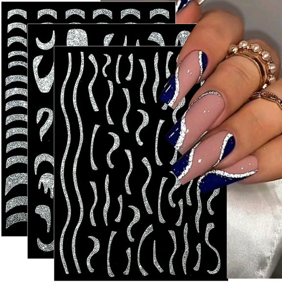 Sparkly Glitter French Nail Stickers,3D Glitter Silver Nail Decals Stripe Line French Tips Nail Art Stickers Self-Adhesive Curve Swirl Lines Nails Stickers Women DIY Nail Supplies,6 Sheets/Set