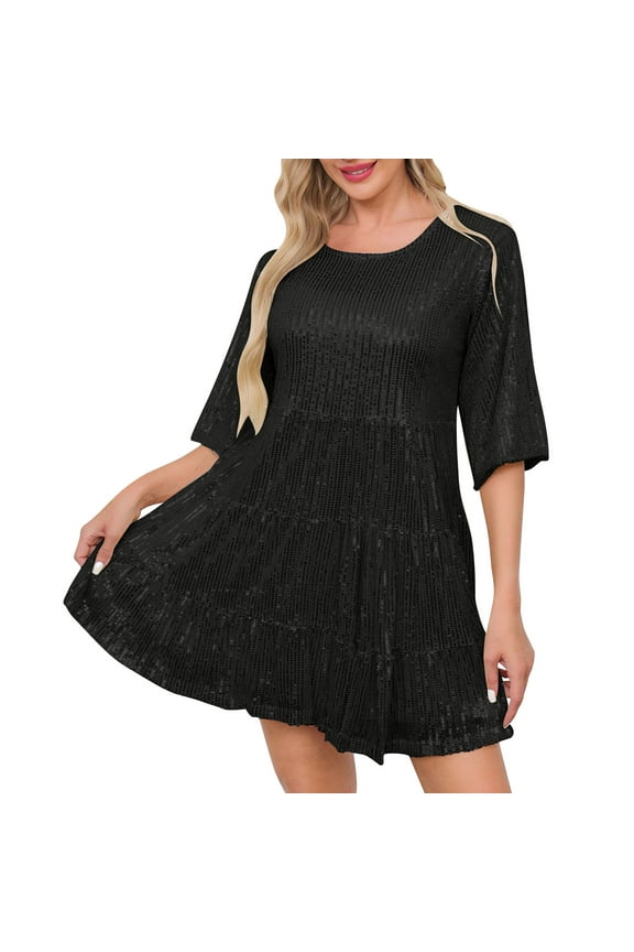 Sparkly Glitter Mini Dress for Women Sequin Babydoll Dresses Short Sleeve Flowy Tiered Loose Party Cocktail Dress
