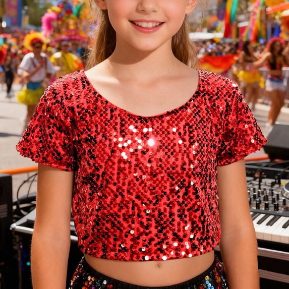 Sparkly Glitter Performance Top For Girls And Boys Cheerleading Short Sleeve Tee Stage Show Outfit T-Shirts Kids Short Sleeve Crewneck Solid Basic Tees Casual Tops
