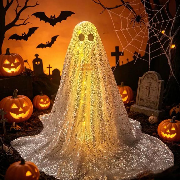 Sparkly Glitter Swinging Ghost Halloween Tabletop Centerpiece Decor, Standing Spooky Props, Quick Setup Glitter Ghost Kit for Indoor Entry Table Mantel Party Decoration