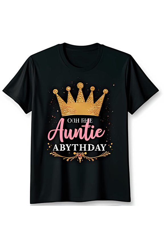 Sparkly Gold Crown & Pink Script Ouh The Auntie Abythday Black T-Shirt