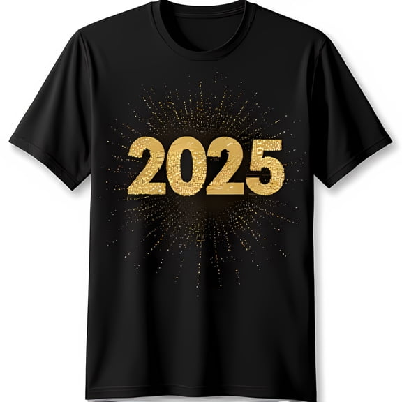 Sparkly Gold Glitter '2025' Graphic Black T-Shirt for New Year's Celebration