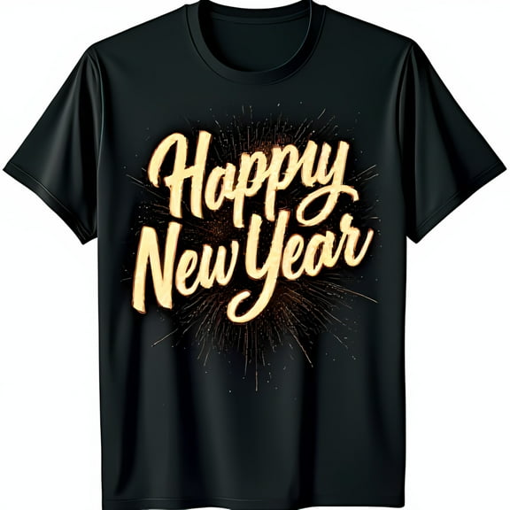 Sparkly Gold Happy New Year Graphic Black T-Shirt for Holiday Celebrations