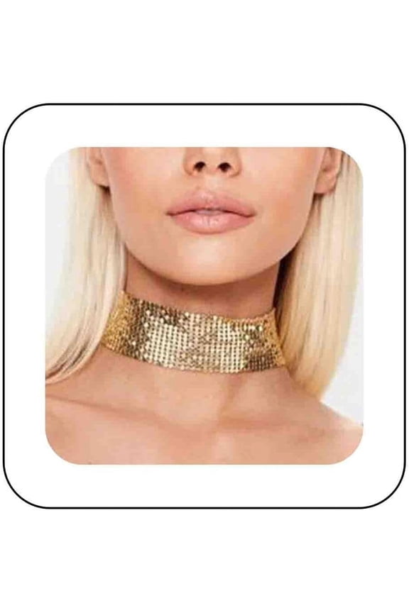 Sparkly Gold Mesh Choker Necklace Wide Metal Mesh Sequin Neck Necklace Bling Gold Sequin Collar Necklace Short Sequins Party Necklace Necklace Jewelry for Women