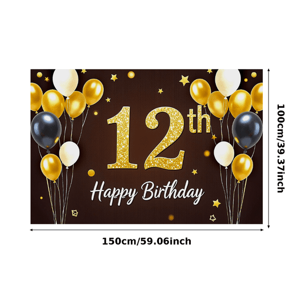 Sparkly Golden 12th Birthday Banner Backdrop with Balloons and Stars Background Party Decoration for Birthday Party Photography Props Happy Birthday Celebrations