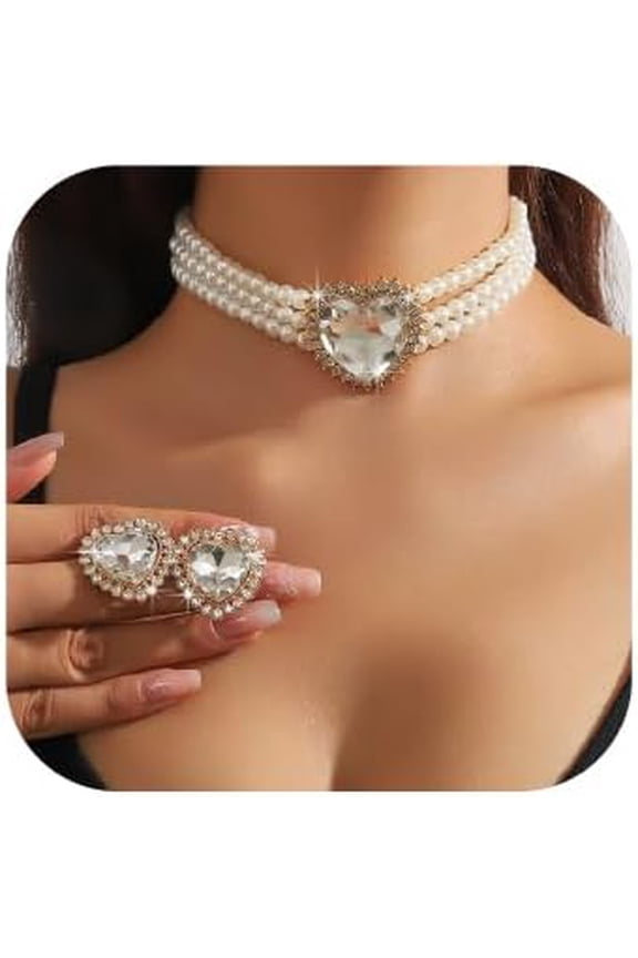 Sparkly Green Red Rose pink Crystal Heart Faux Pearls Bridal Wedding Jewelry Set Bling Crystal Wedding Jewelry Set Christmas Halloween Faux Pearls Rhinestone Choker Necklace for Women