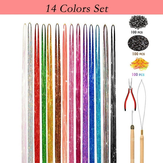 Sparkly Hair Tinsel Kit with 14/16/20 Colors and Installation Tools for Stylish Hair Extensions - 14 Colors