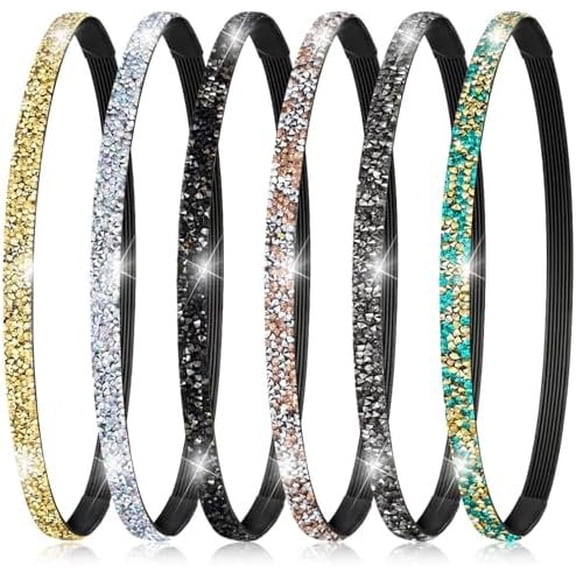 Sparkly Headbands for Women, 6 count Elastic Headbandsfor Women Non Slip Shiny Rhinestone Headband Sweaty Bands Headbands for Yoga Hair Accessories