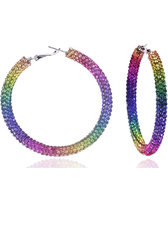 Sparkly Hoop Earrings for Women Exaggerated Rainbow Rhinestone Hoops Earrings Fashion Glitter Crystal Hoop Earring Large Hoops Earring Prom Jewelry Gifts[f4497]