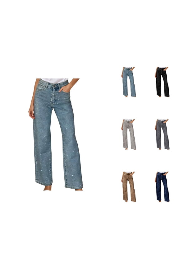 Sparkly Jeans for Women Glitter Rhinestone High Waisted Straight Leg Bootcut Denim Pants with Pockets Clubwear Streetwear