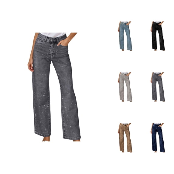Sparkly Jeans for Women Glitter Rhinestone High Waisted Straight Leg Bootcut Denim Pants with Pockets Clubwear Streetwear
