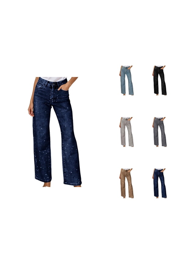 Sparkly Jeans for Women Glitter Rhinestone High Waisted Straight Leg Bootcut Denim Pants with Pockets Clubwear Streetwear