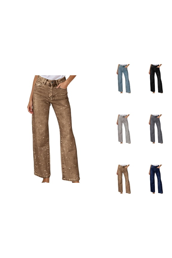 Sparkly Jeans for Women Glitter Rhinestone High Waisted Straight Leg Bootcut Denim Pants with Pockets Clubwear Streetwear
