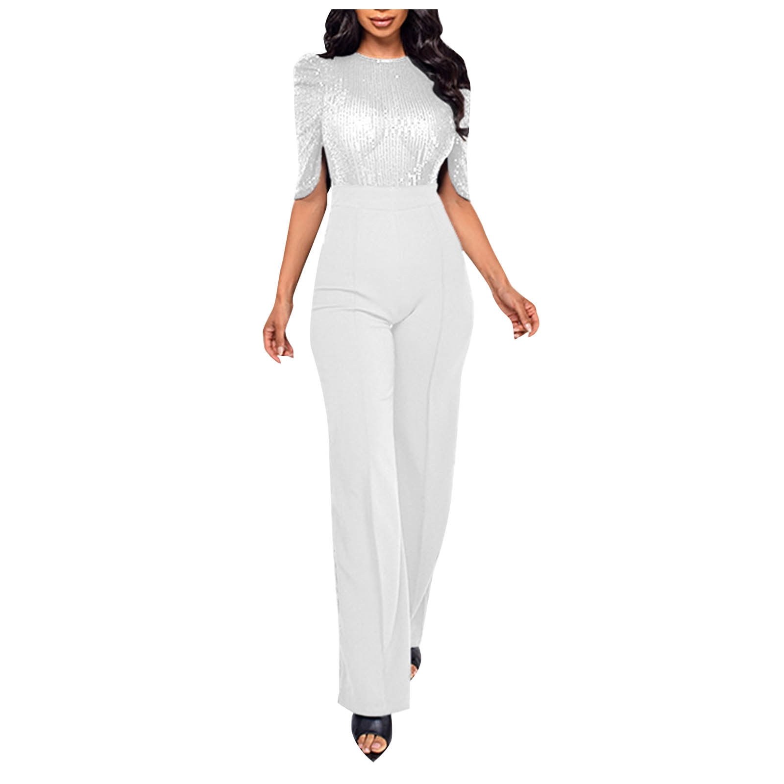 Sparkly Jumpsuit for Women Dressy Puff Sleeve High Waisted Elegant ...