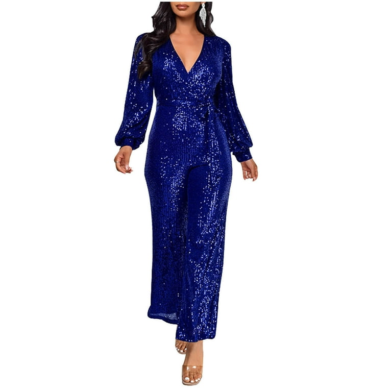 Sparkly Jumpsuit for Women Dressy Sexy V Neck Clubwear Long Sleeve