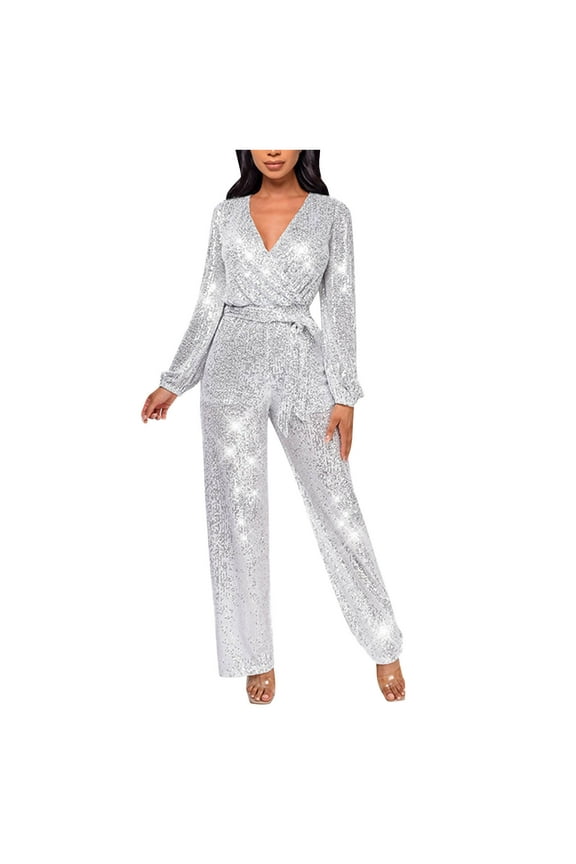 Sparkly Jumpsuit for Women Dressy Sexy V Neck Clubwear Long Sleeve Sequins Wide Leg Bodycon Cocktail Party Romper