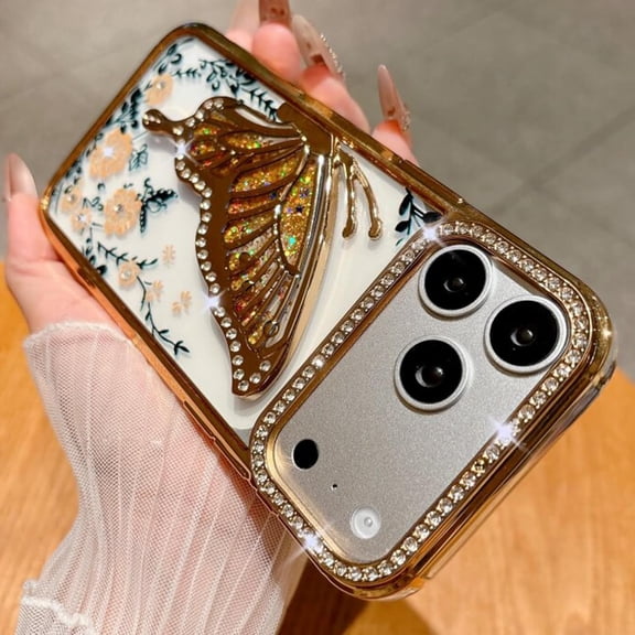 Sparkly Liquid Flowing 3D Rhinestone Butterfly Case for iPhone 17 Pro Max Clear,Glitter 17 Pro Max Case with Floral Women Girls Cute Bling Shiny Luxury Plating Protective Case 6.9",Gold