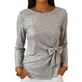 thumbnail image 1 of Sparkly Long Sleeve Shirt for Women Lace Up Bow Shimmer Casual Crewneck Disco Tee Clubwear Outfit for Prom great gift, 1 of 4