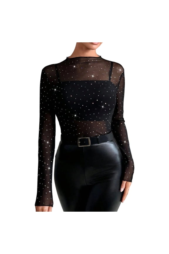 Sparkly Mesh Tops for Women See Through Long Sleeve Mock Neck Slim Sexy Tee Rock Concert Tops for Party Club