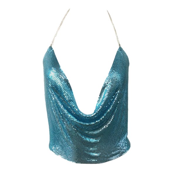 Sparkly Metallic Sequins Cowl V-Neck Chain Backless Camisole for Women Festival Nightclub Jewelry Top
